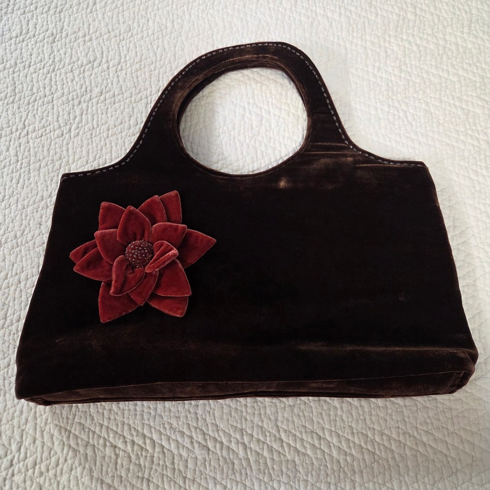 Shiraleah Dark Brown Velvet Handbag Burgundy Flower Applique Evening Tote Bag